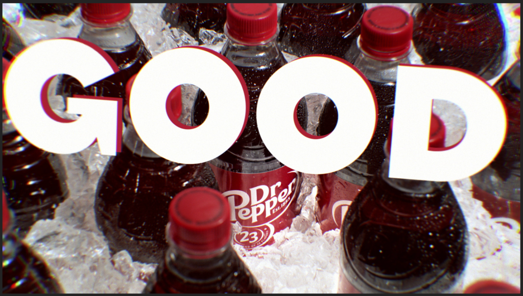 a still frame of text floating over bottles of ice cold Dr Pepper