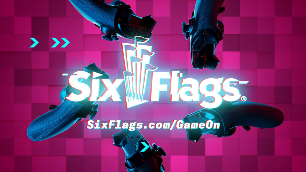 a still frame of the Six Flags logo lockup from the video.